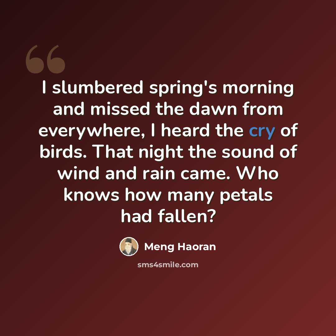 “I slumbered spring's morning and missed the dawn from everywhere, I heard the cry of birds. That night the sound of wind and rain came. Who knows how many petals had fallen?” quote by Meng Haoran