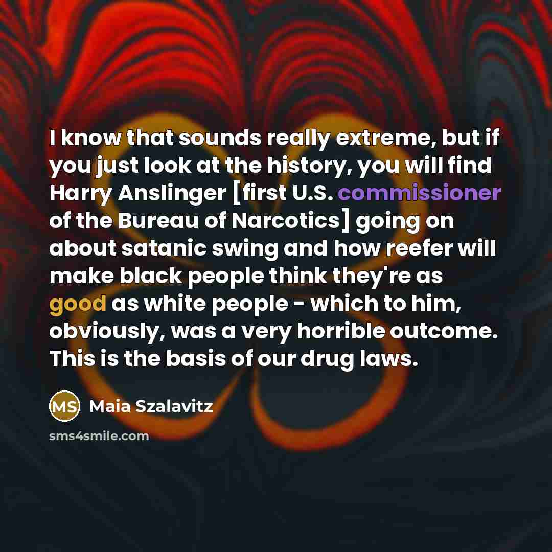 “I know that sounds really extreme, but if you just look at the history, you will find Harry Anslinger [first U.S. commissioner of the Bureau of Narcotics] going on about satanic swing and how reefer will make black people think they're as good as white people - which to him, obviously, was a very…” quote by Maia Szalavitz