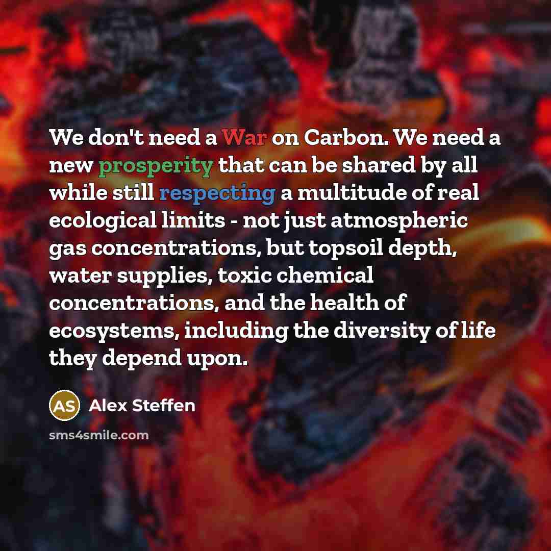 “We don't need a War on Carbon. We need a new prosperity that can be shared by all while still respecting a multitude of real ecological limits - not just atmospheric gas concentrations, but topsoil depth, water supplies, toxic chemical concentrations, and the health of ecosystems, including the…” quote by Alex Steffen