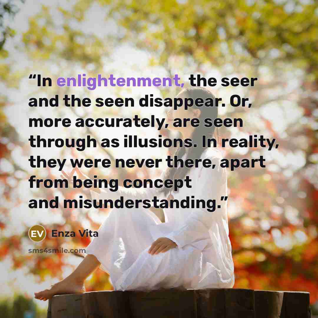 “In enlightenment, the seer and the seen disappear. Or, more accurately, are seen through as illusions. In reality, they were never there, apart from being concept and misunderstanding.” quote by Enza Vita