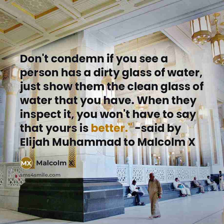 “Don't condemn if you see a person has a dirty glass of water, just show them the clean glass of water that you have. When they inspect it, you won't have to say that yours is better." -said by Elijah Muhammad to Malcolm X” quote by Malcolm X