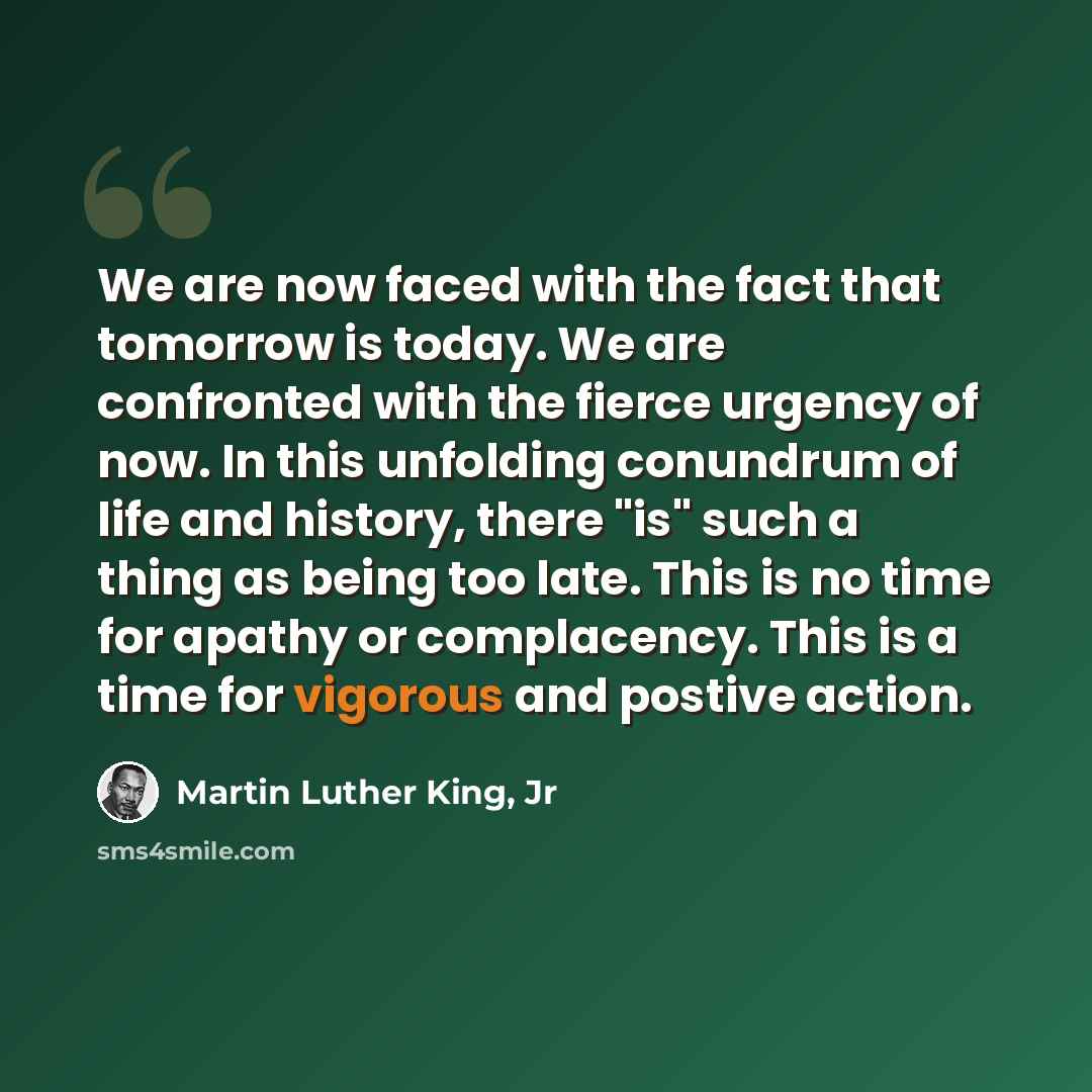 “We are now faced with the fact that tomorrow is today. We are confronted with the fierce urgency of now. In this unfolding conundrum of life and history, there "is" such a thing as being too late. This is no time for apathy or complacency. This is a time for vigorous and postive action.” quote by Martin Luther King, Jr