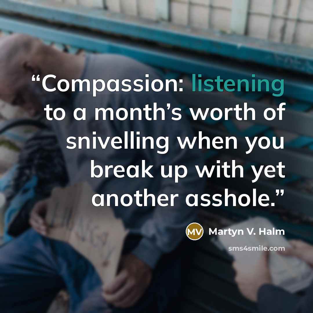 “Compassion: listening to a month’s worth of snivelling when you break up with yet another asshole.” quote by Martyn V. Halm