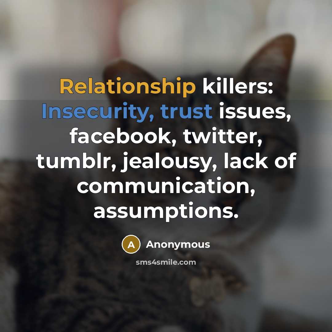 “Relationship killers: Insecurity, trust issues, facebook, twitter, tumblr, jealousy, lack of communication, assumptions.” quote by Anonymous