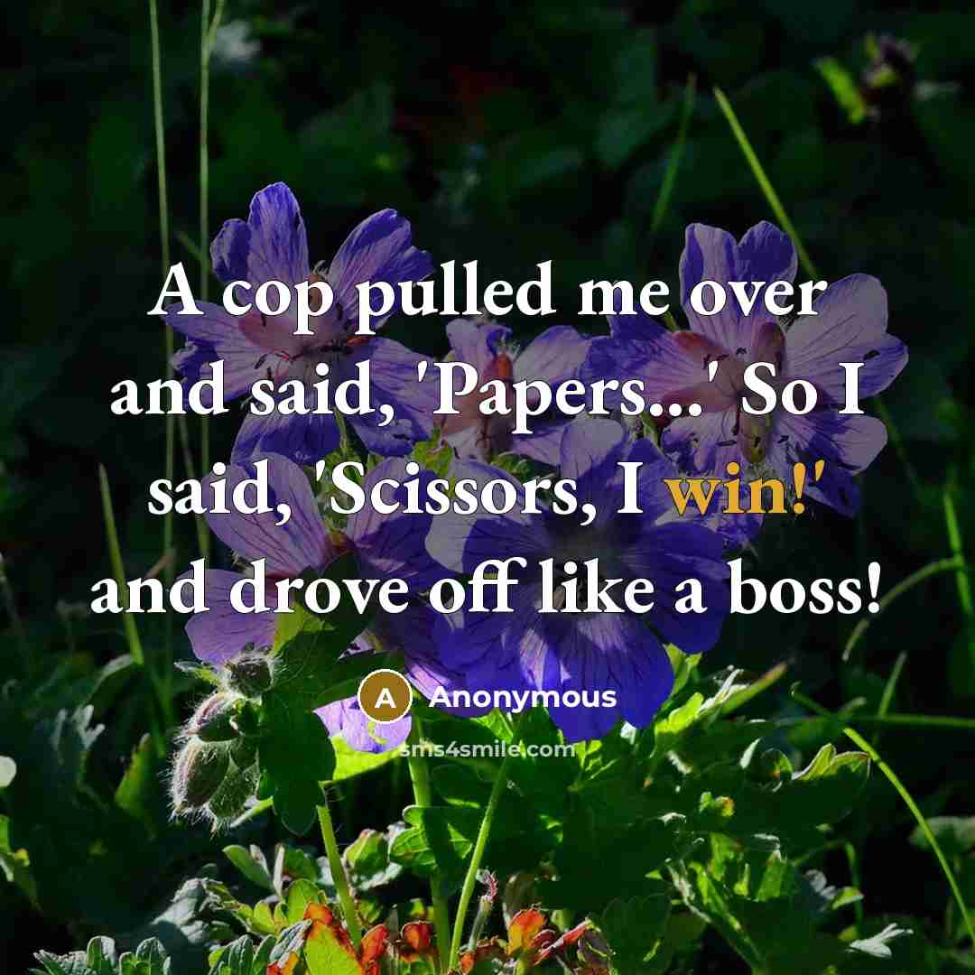 “A cop pulled me over and said, 'Papers...' So I said, 'Scissors, I win!' and drove off like a boss!” quote by Anonymous