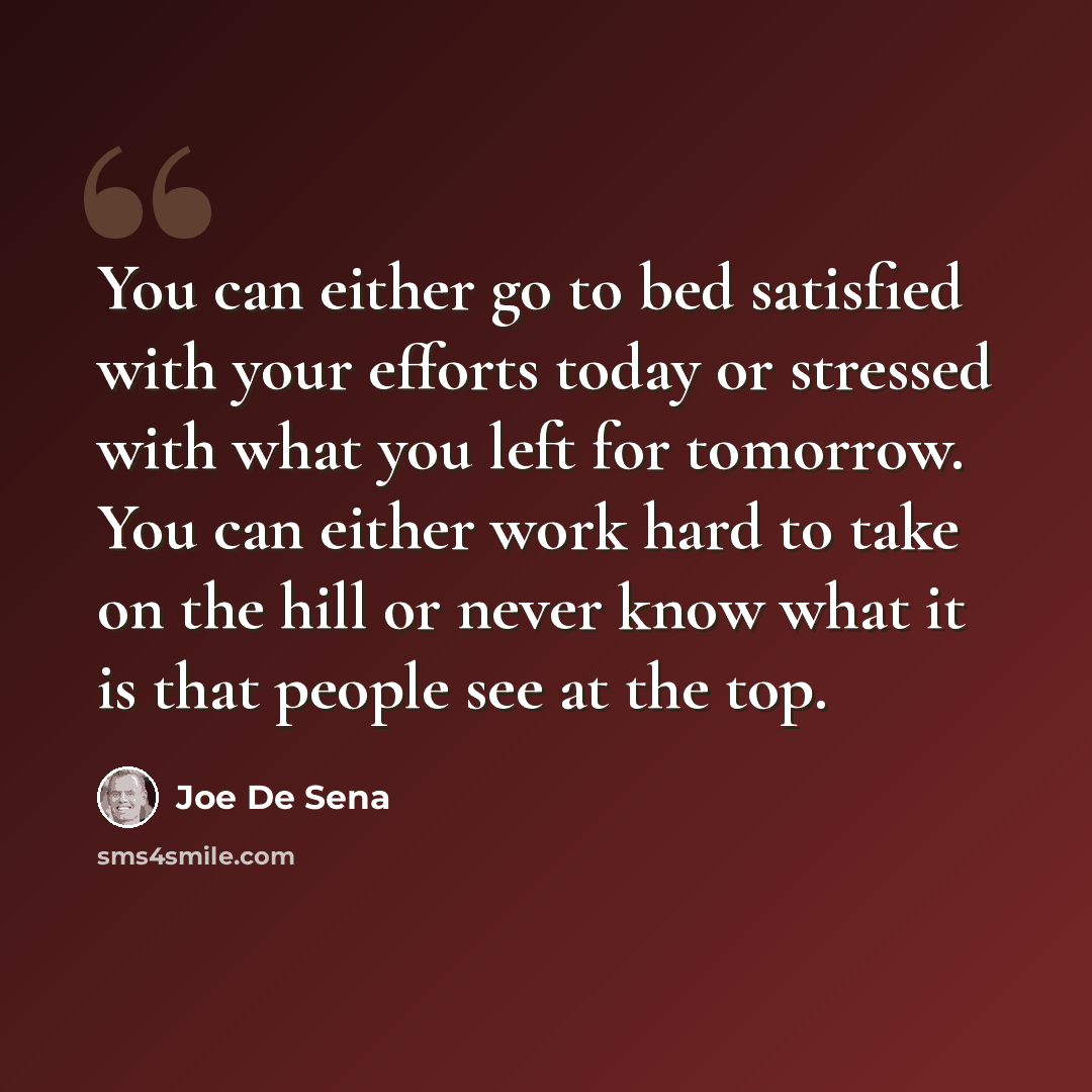 “You can either go to bed satisfied with your efforts today or stressed with what you left for tomorrow. You can either work hard to take on the hill or never know what it is that people see at the top.” quote by Joe De Sena
