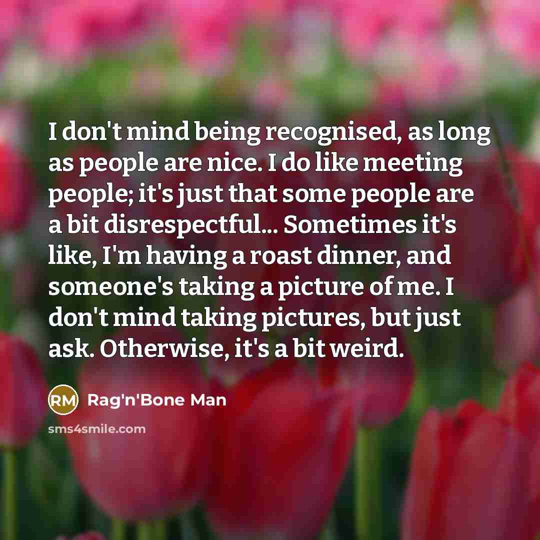 “I don't mind being recognised, as long as people are nice. I do like meeting people; it's just that some people are a bit disrespectful... Sometimes it's like, I'm having a roast dinner, and someone's taking a picture of me. I don't mind taking pictures, but just ask. Otherwise, it's a bit weird.” quote by Rag'n'Bone Man