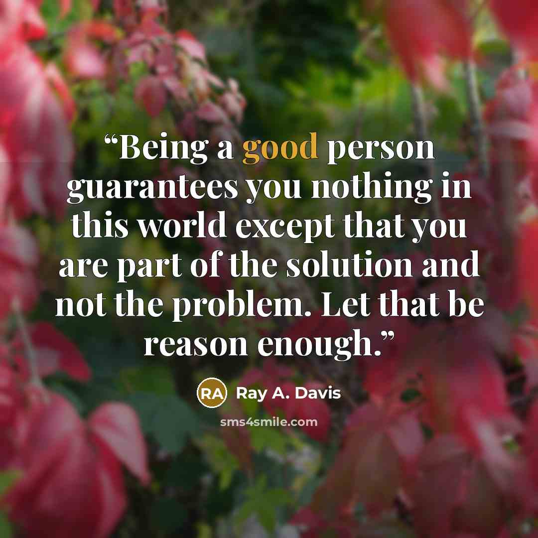 “Being a good person guarantees you nothing in this world except that you are part of the solution and not the problem. Let that be reason enough.” quote by Ray A. Davis
