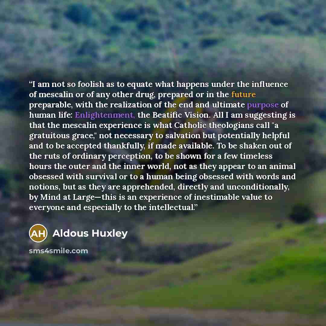 “I am not so foolish as to equate what happens under the influence of mescalin or of any other drug, prepared or in the future preparable, with the realization of the end and ultimate purpose of human life: Enlightenment, the Beatific Vision. All I am suggesting is that the mescalin experience is…” quote by Aldous Huxley