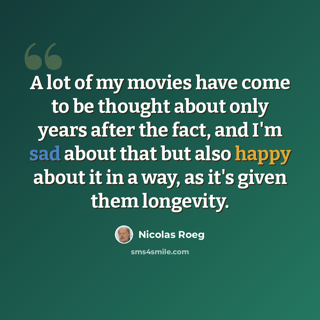 “A lot of my movies have come to be thought about only years after the fact, and I'm sad about that but also happy about it in a way, as it's given them longevity.” quote by Nicolas Roeg
