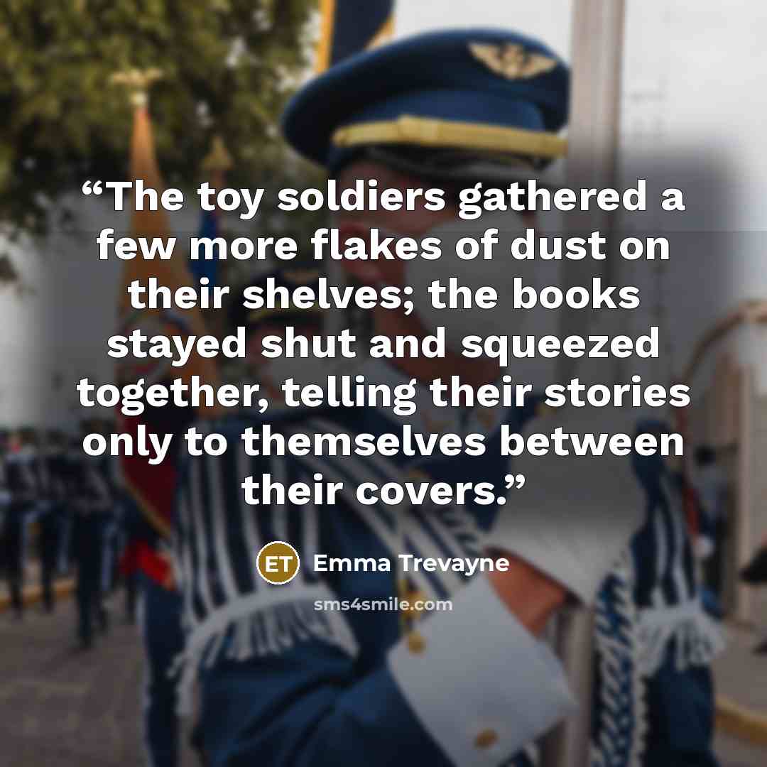 “The toy soldiers gathered a few more flakes of dust on their shelves; the books stayed shut and squeezed together, telling their stories only to themselves between their covers.” quote by Emma Trevayne