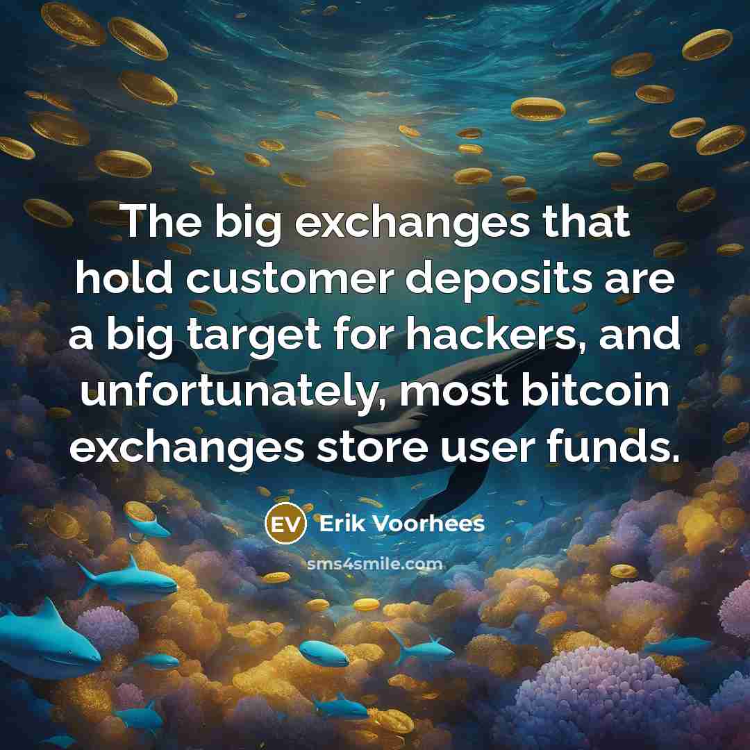 “The big exchanges that hold customer deposits are a big target for hackers, and unfortunately, most bitcoin exchanges store user funds.” quote by Erik Voorhees