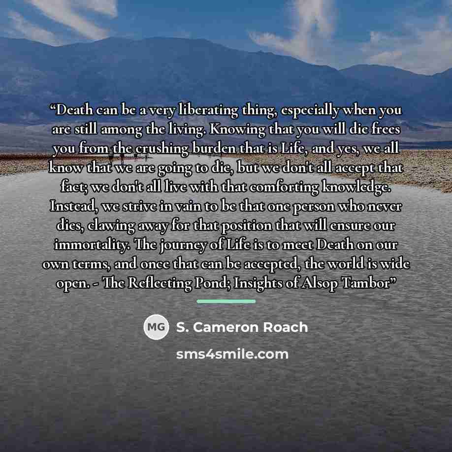 “Death can be a very liberating thing, especially when you are still among the living. Knowing that you will die frees you from the crushing burden that is Life, and yes, we all know that we are going to die, but we don't all accept that fact; we don't all live with that comforting knowledge…” quote by S. Cameron Roach
