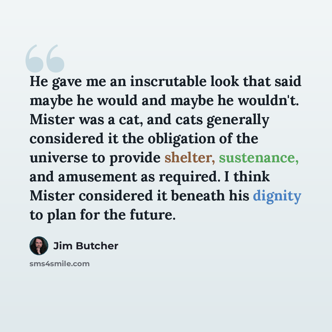 “He gave me an inscrutable look that said maybe he would and maybe he wouldn't. Mister was a cat, and cats generally considered it the obligation of the universe to provide shelter, sustenance, and amusement as required. I think Mister considered it beneath his dignity to plan for the future.” quote by Jim Butcher