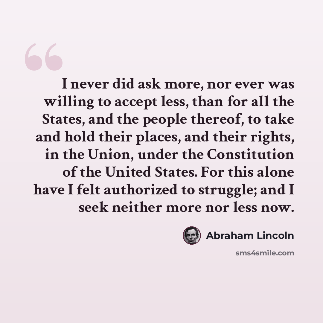 “I never did ask more, nor ever was willing to accept less, than for all the States, and the people thereof, to take and hold their places, and their rights, in the Union, under the Constitution of the United States. For this alone have I felt authorized to struggle; and I seek neither more nor…” quote by Abraham Lincoln