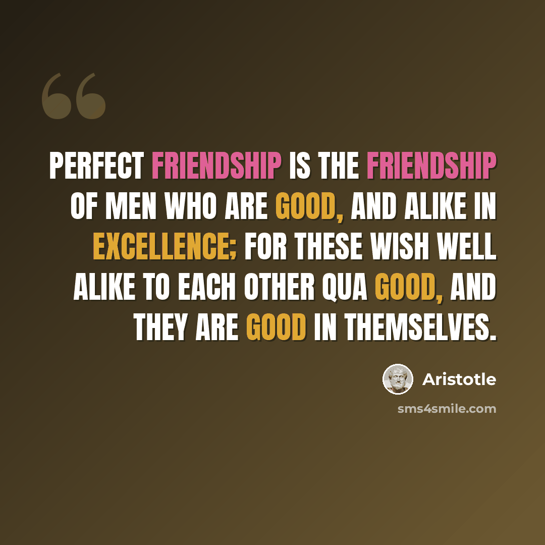 “Perfect friendship is the friendship of men who are good, and alike in excellence; for these wish well alike to each other qua good, and they are good in themselves.” quote by Aristotle