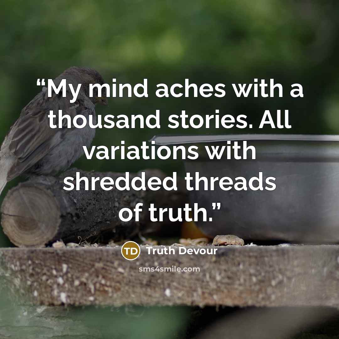 “My mind aches with a thousand stories. All variations with shredded threads of truth.” quote by Truth Devour
