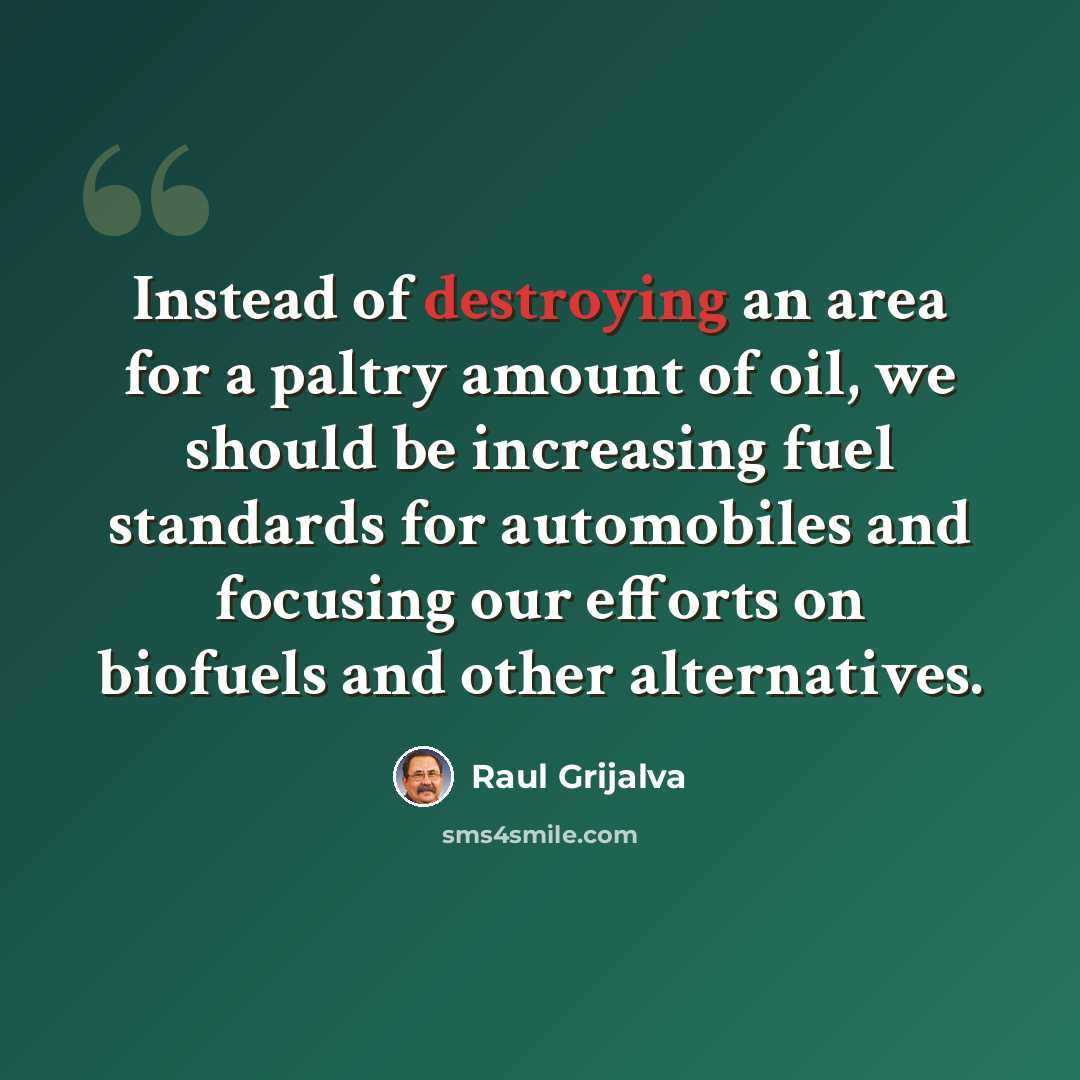 “Instead of destroying an area for a paltry amount of oil, we should be increasing fuel standards for automobiles and focusing our efforts on biofuels and other alternatives.” quote by Raul Grijalva