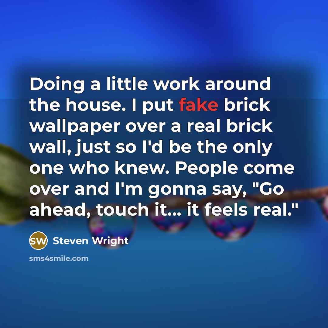 “Doing a little work around the house. I put fake brick wallpaper over a real brick wall, just so I'd be the only one who knew. People come over and I'm gonna say, "Go ahead, touch it... it feels real."” quote by Steven Wright