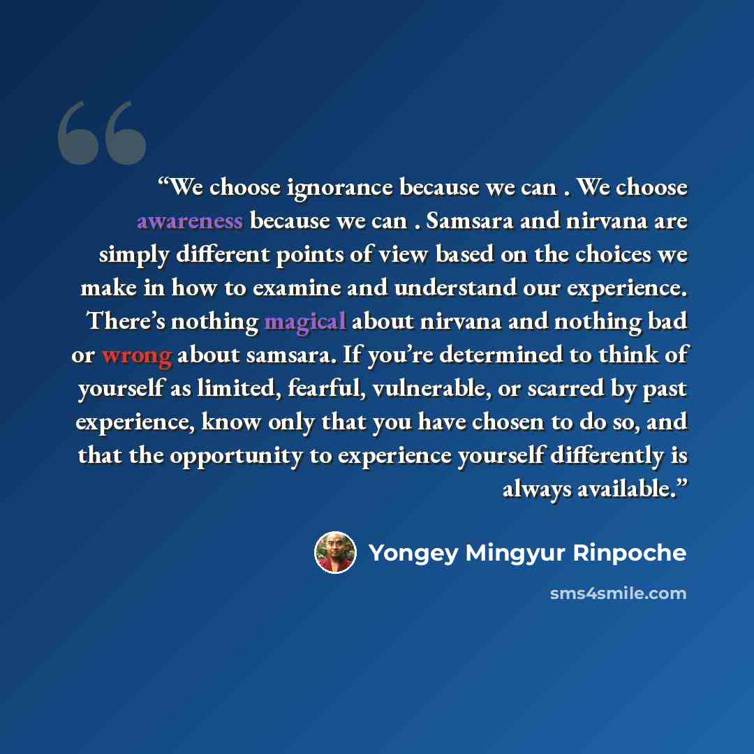 “We choose ignorance because we can . We choose awareness because we can . Samsara and nirvana are simply different points of view based on the choices we make in how to examine and understand our experience. There’s nothing magical about nirvana and nothing bad or wrong about samsara. If you’re…” quote by Yongey Mingyur Rinpoche