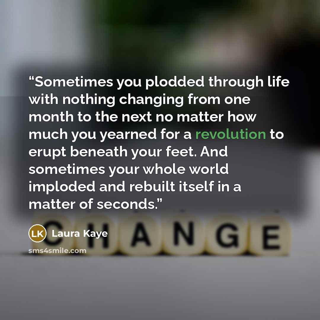 “Sometimes you plodded through life with nothing changing from one month to the next no matter how much you yearned for a revolution to erupt beneath your feet. And sometimes your whole world imploded and rebuilt itself in a matter of seconds.” quote by Laura Kaye