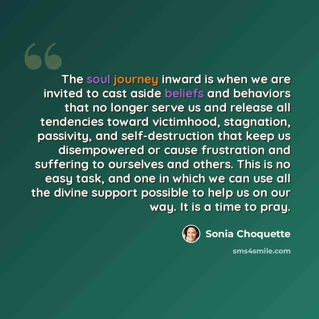 “The soul journey inward is when we are invited to cast aside beliefs and behaviors that no longer serve us and release all tendencies toward victimhood, stagnation, passivity, and self-destruction that keep us disempowered or cause frustration and suffering to ourselves and others. This is no easy…” quote by Sonia Choquette