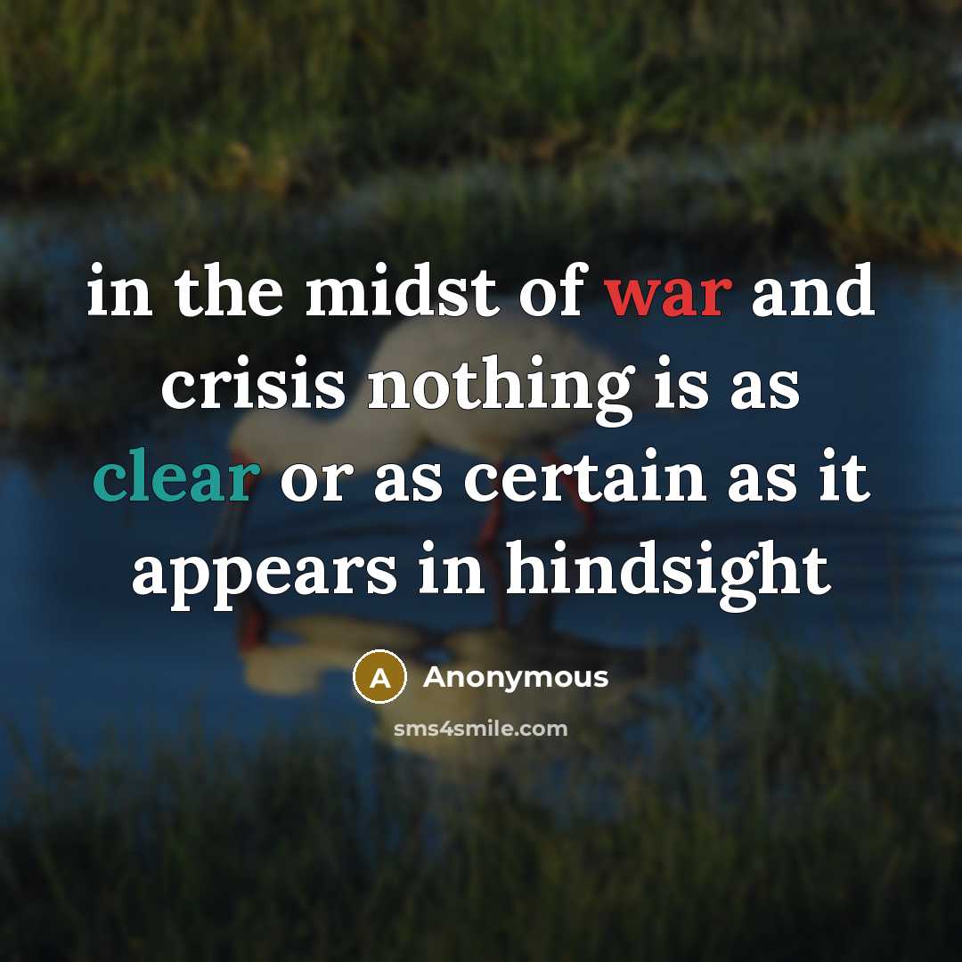 “in the midst of war and crisis nothing is as clear or as certain as it appears in hindsight” quote by Anonymous