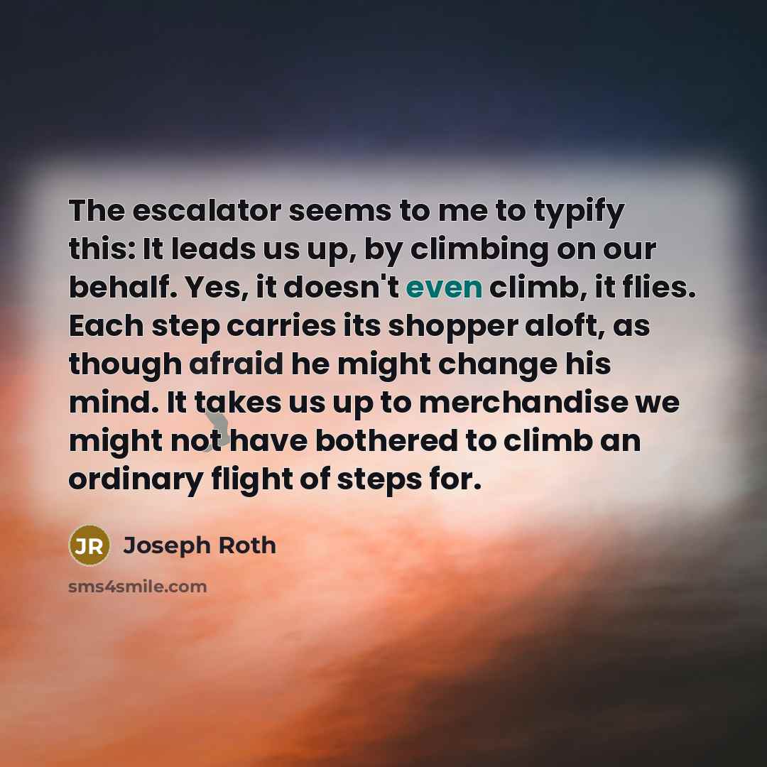 “The escalator seems to me to typify this: It leads us up, by climbing on our behalf. Yes, it doesn't even climb, it flies. Each step carries its shopper aloft, as though afraid he might change his mind. It takes us up to merchandise we might not have bothered to climb an ordinary flight of steps…” quote by Joseph Roth