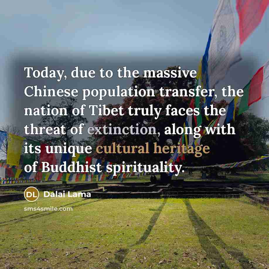 “Today, due to the massive Chinese population transfer, the nation of Tibet truly faces the threat of extinction, along with its unique cultural heritage of Buddhist spirituality.” quote by Dalai Lama