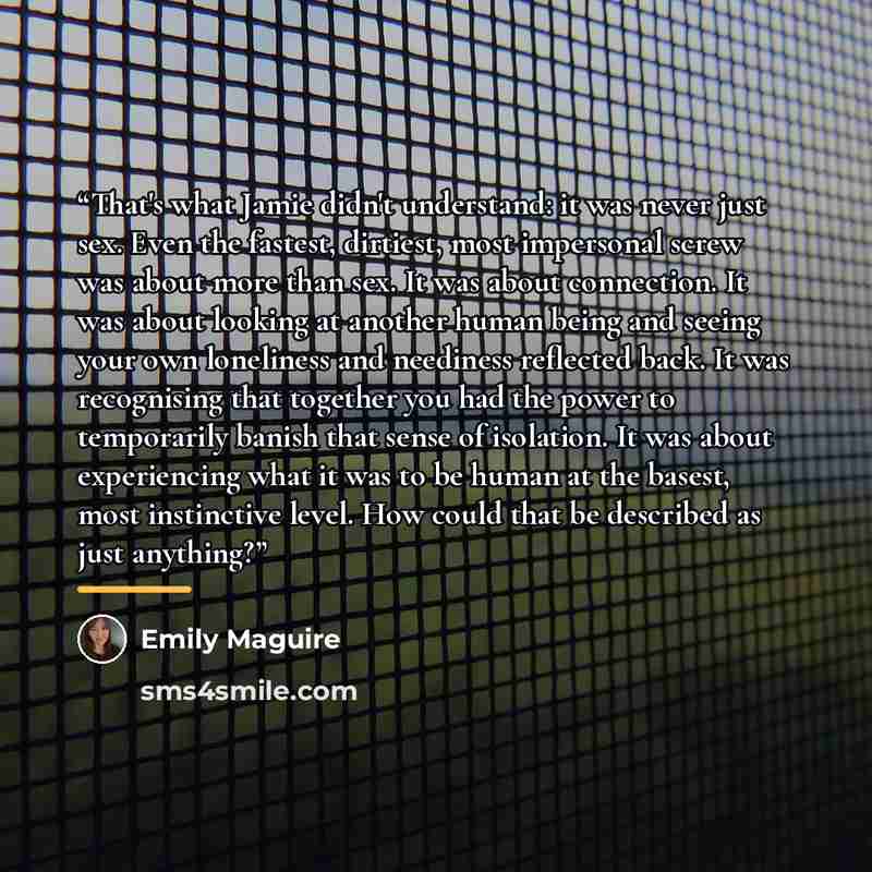 “That's what Jamie didn't understand: it was never just sex. Even the fastest, dirtiest, most impersonal screw was about more than sex. It was about connection. It was about looking at another human being and seeing your own loneliness and neediness reflected back. It was recognising that together…” quote by Emily Maguire