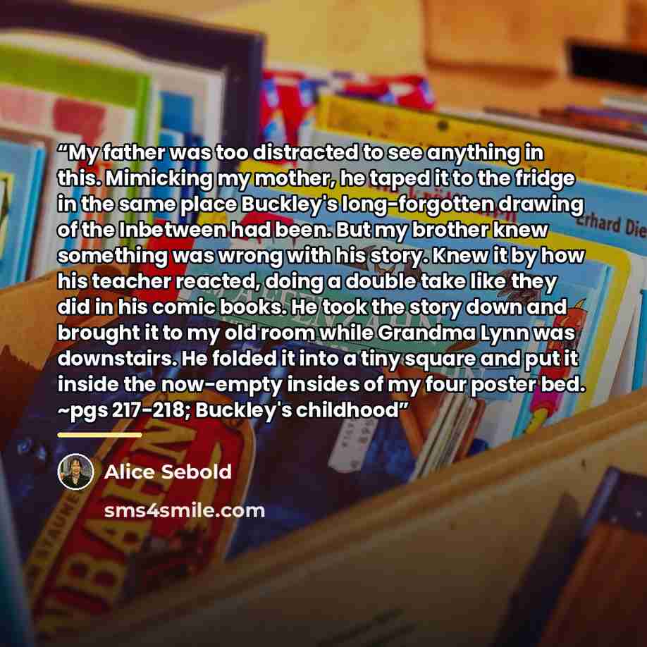 “My father was too distracted to see anything in this. Mimicking my mother, he taped it to the fridge in the same place Buckley's long-forgotten drawing of the Inbetween had been. But my brother knew something was wrong with his story. Knew it by how his teacher reacted, doing a double take like…” quote by Alice Sebold