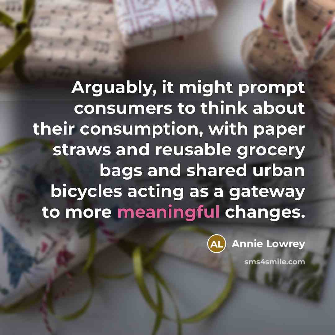 “Arguably, it might prompt consumers to think about their consumption, with paper straws and reusable grocery bags and shared urban bicycles acting as a gateway to more meaningful changes.” quote by Annie Lowrey