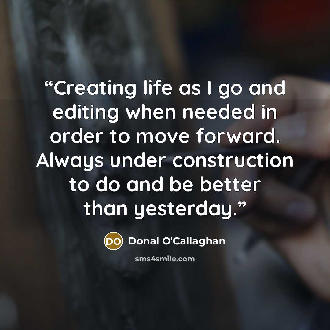 “Creating life as I go and editing when needed in order to move forward. Always under construction to do and be better than yesterday.” quote by Donal O'Callaghan