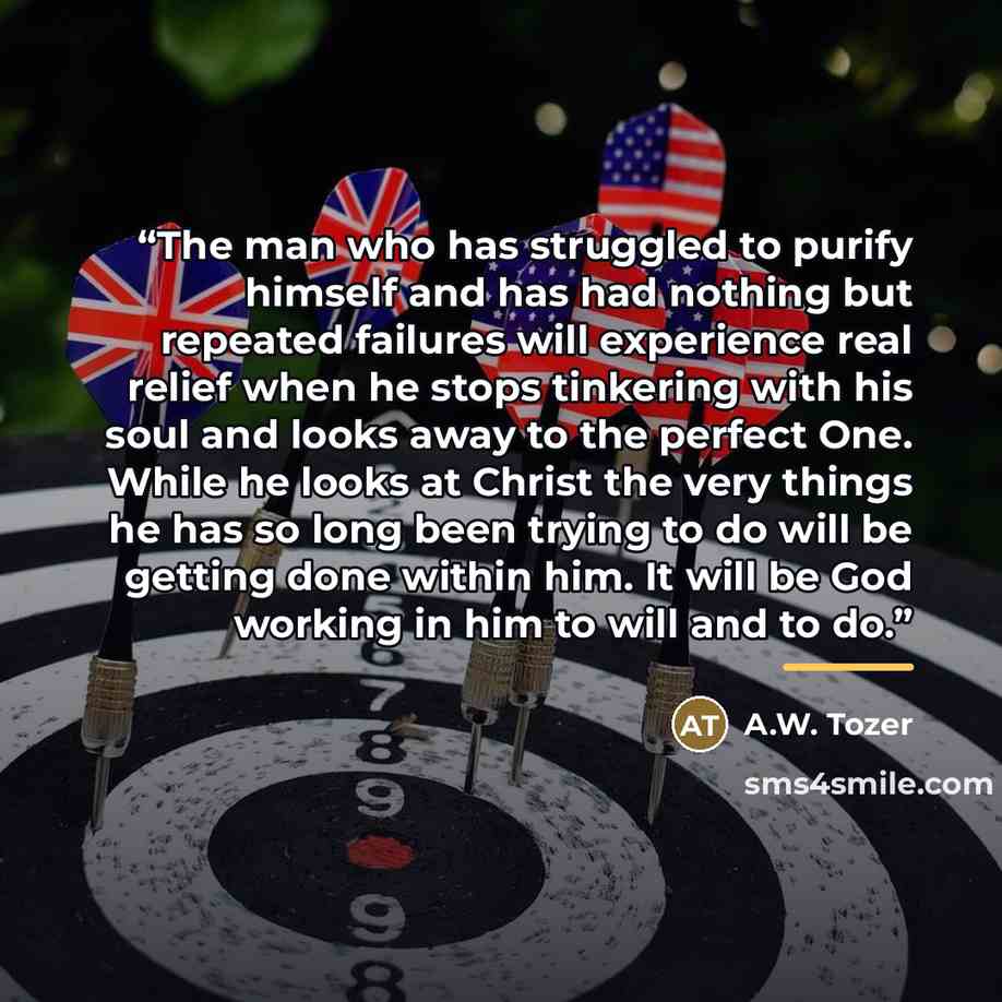 “The man who has struggled to purify himself and has had nothing but repeated failures will experience real relief when he stops tinkering with his soul and looks away to the perfect One. While he looks at Christ the very things he has so long been trying to do will be getting done within him. It…” quote by A.W. Tozer