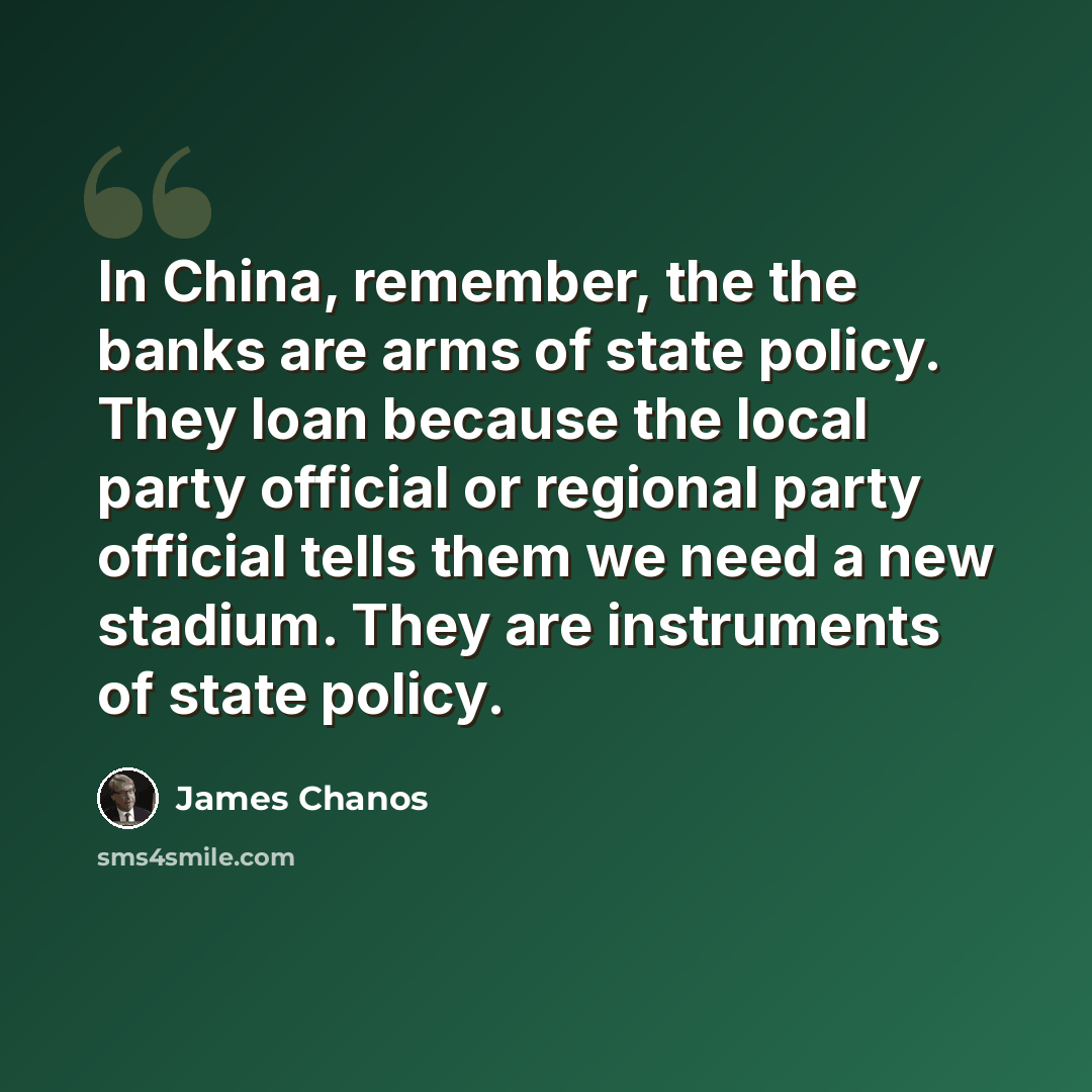 “In China, remember, the the banks are arms of state policy. They loan because the local party official or regional party official tells them we need a new stadium. They are instruments of state policy.” quote by James Chanos