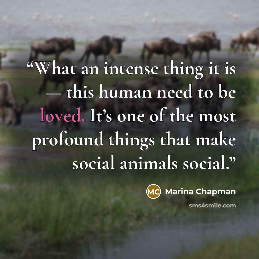“What an intense thing it is — this human need to be loved. It’s one of the most profound things that make social animals social.” quote by Marina Chapman