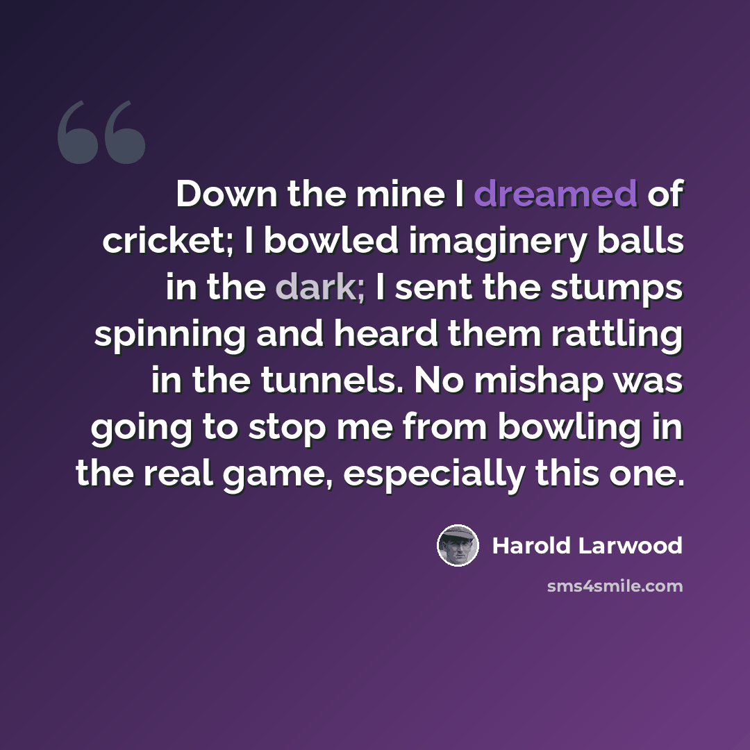 “Down the mine I dreamed of cricket; I bowled imaginery balls in the dark; I sent the stumps spinning and heard them rattling in the tunnels. No mishap was going to stop me from bowling in the real game, especially this one.” quote by Harold Larwood