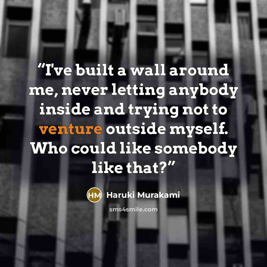 “I've built a wall around me, never letting anybody inside and trying not to venture outside myself. Who could like somebody like that?” quote by Haruki Murakami