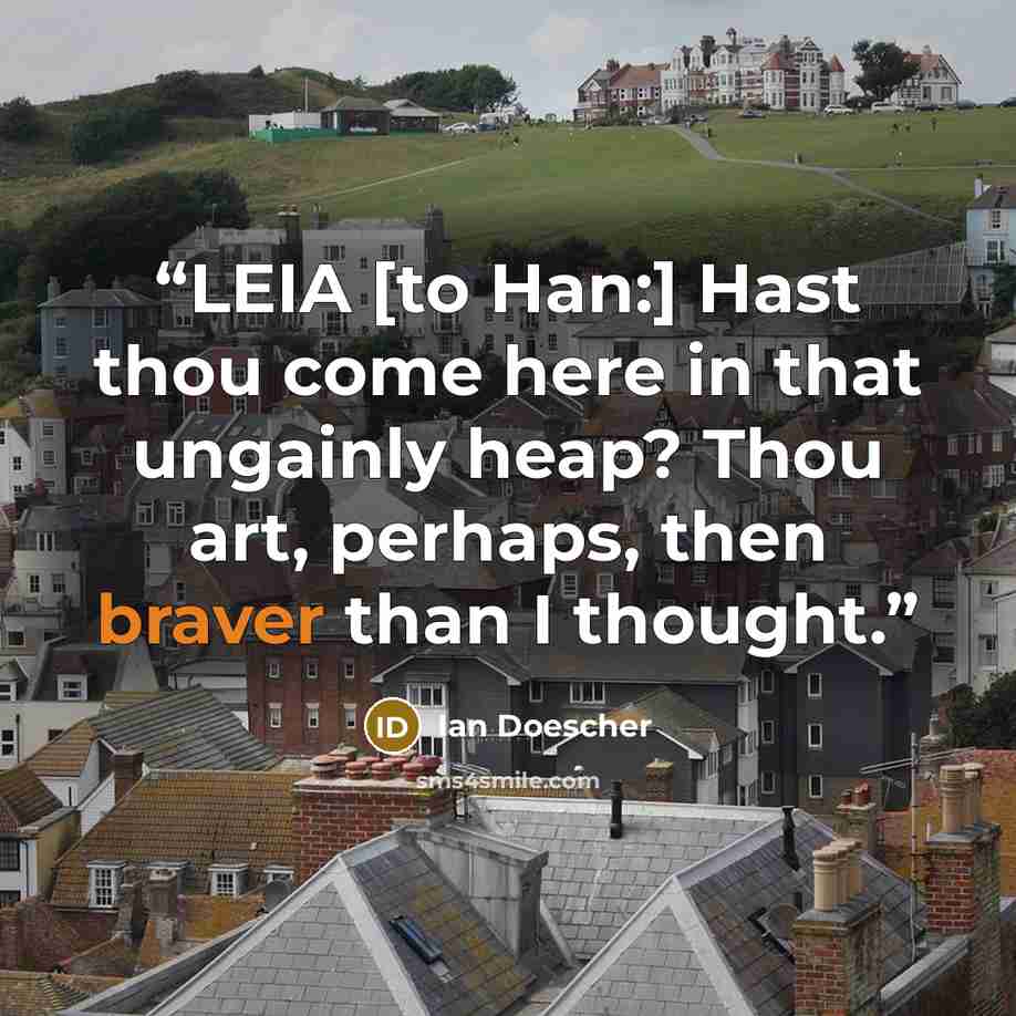 “LEIA [to Han:] Hast thou come here in that ungainly heap? Thou art, perhaps, then braver than I thought.” quote by Ian Doescher
