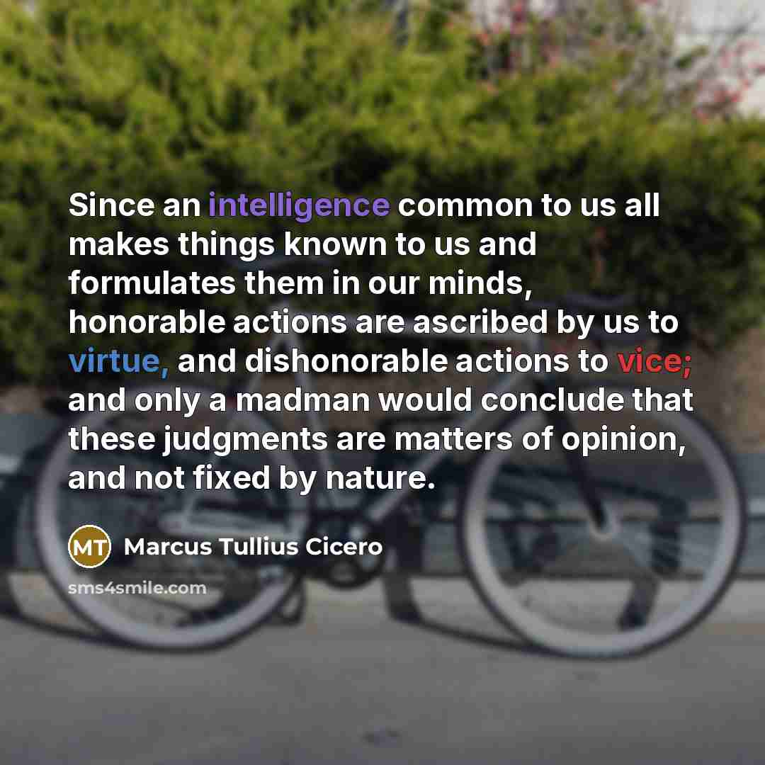 “Since an intelligence common to us all makes things known to us and formulates them in our minds, honorable actions are ascribed by us to virtue, and dishonorable actions to vice; and only a madman would conclude that these judgments are matters of opinion, and not fixed by nature.” quote by Marcus Tullius Cicero