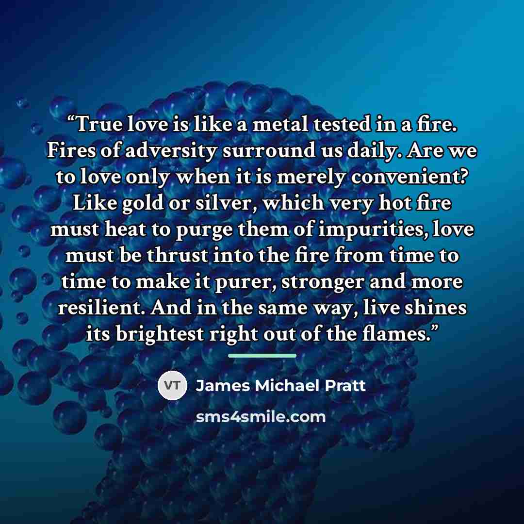 “True love is like a metal tested in a fire. Fires of adversity surround us daily. Are we to love only when it is merely convenient? Like gold or silver, which very hot fire must heat to purge them of impurities, love must be thrust into the fire from time to time to make it purer, stronger and…” quote by James Michael Pratt