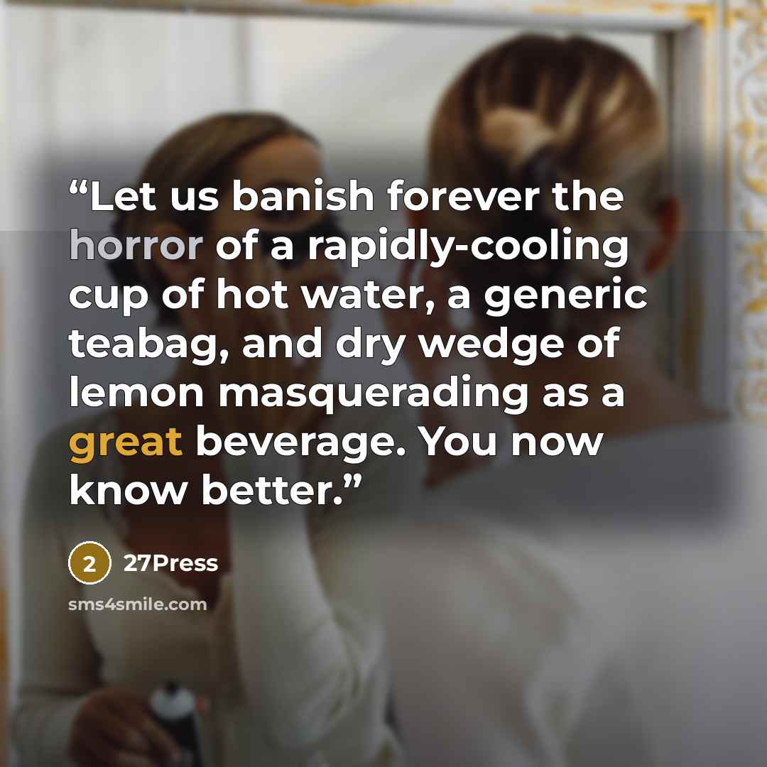“Let us banish forever the horror of a rapidly-cooling cup of hot water, a generic teabag, and dry wedge of lemon masquerading as a great beverage. You now know better.” quote by 27Press