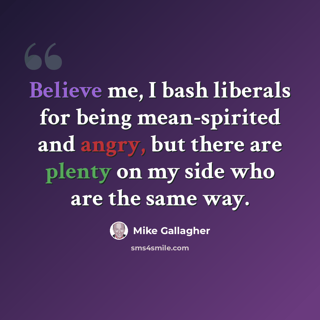 “Believe me, I bash liberals for being mean-spirited and angry, but there are plenty on my side who are the same way.” quote by Mike Gallagher