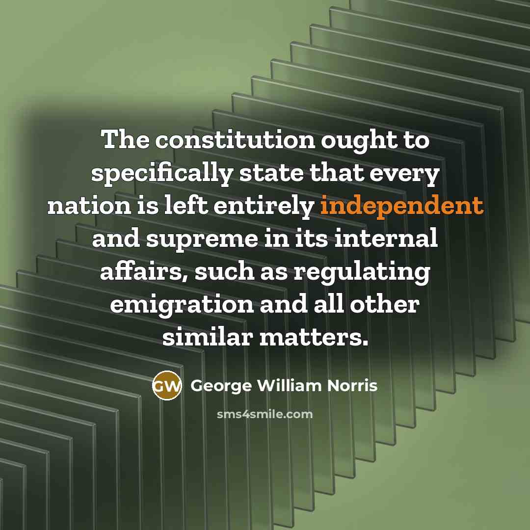 “The constitution ought to specifically state that every nation is left entirely independent and supreme in its internal affairs, such as regulating emigration and all other similar matters.” quote by George William Norris