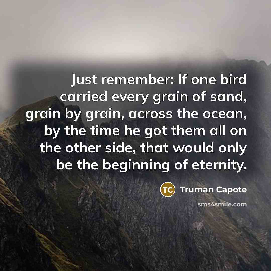 “Just remember: If one bird carried every grain of sand, grain by grain, across the ocean, by the time he got them all on the other side, that would only be the beginning of eternity.” quote by Truman Capote