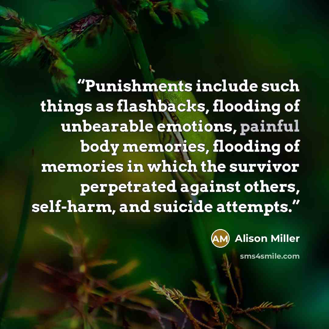 “Punishments include such things as flashbacks, flooding of unbearable emotions, painful body memories, flooding of memories in which the survivor perpetrated against others, self-harm, and suicide attempts.” quote by Alison Miller