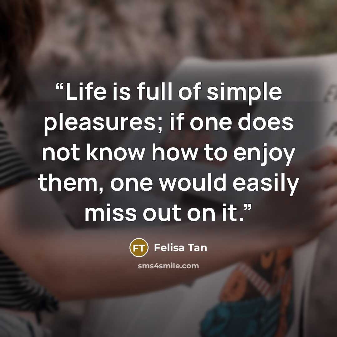“Life is full of simple pleasures; if one does not know how to enjoy them, one would easily miss out on it.” quote by Felisa Tan