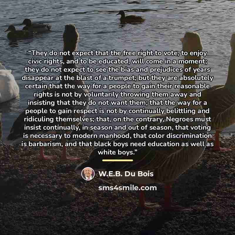 “They do not expect that the free right to vote, to enjoy civic rights, and to be educated, will come in a moment; they do not expect to see the bias and prejudices of years disappear at the blast of a trumpet; but they are absolutely certain that the way for a people to gain their reasonable…” quote by W.E.B. Du Bois
