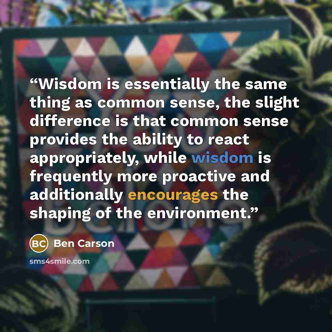 “Wisdom is essentially the same thing as common sense, the slight difference is that common sense provides the ability to react appropriately, while wisdom is frequently more proactive and additionally encourages the shaping of the environment.” quote by Ben Carson