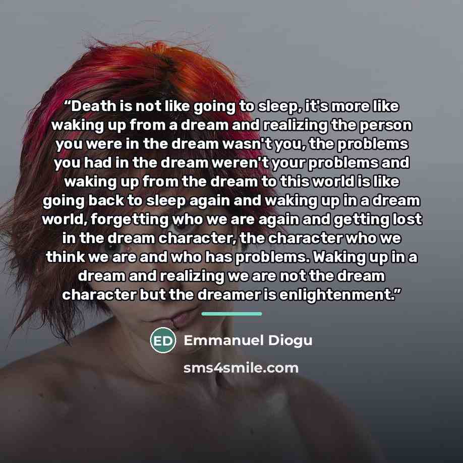 “Death is not like going to sleep, it's more like waking up from a dream and realizing the person you were in the dream wasn't you, the problems you had in the dream weren't your problems and waking up from the dream to this world is like going back to sleep again and waking up in a dream world…” quote by Emmanuel Diogu